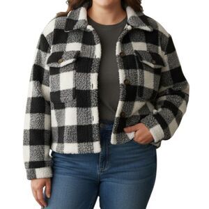 LOVE, FIRE Black and White Buffalo Plaid Shearling Jacket NWT, Size 3X